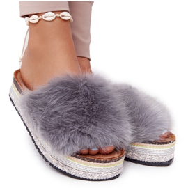 PS1 Papuče s platformom sive pustolovine s krznom siva višebojan