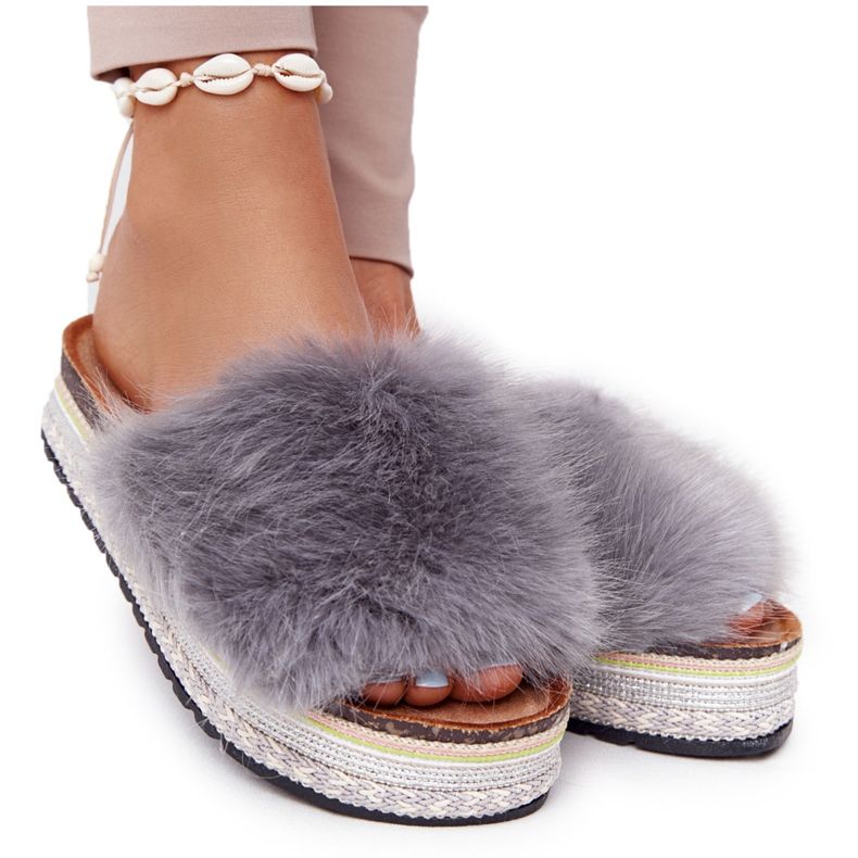 PS1 Papuče s platformom sive pustolovine s krznom siva raznobojna