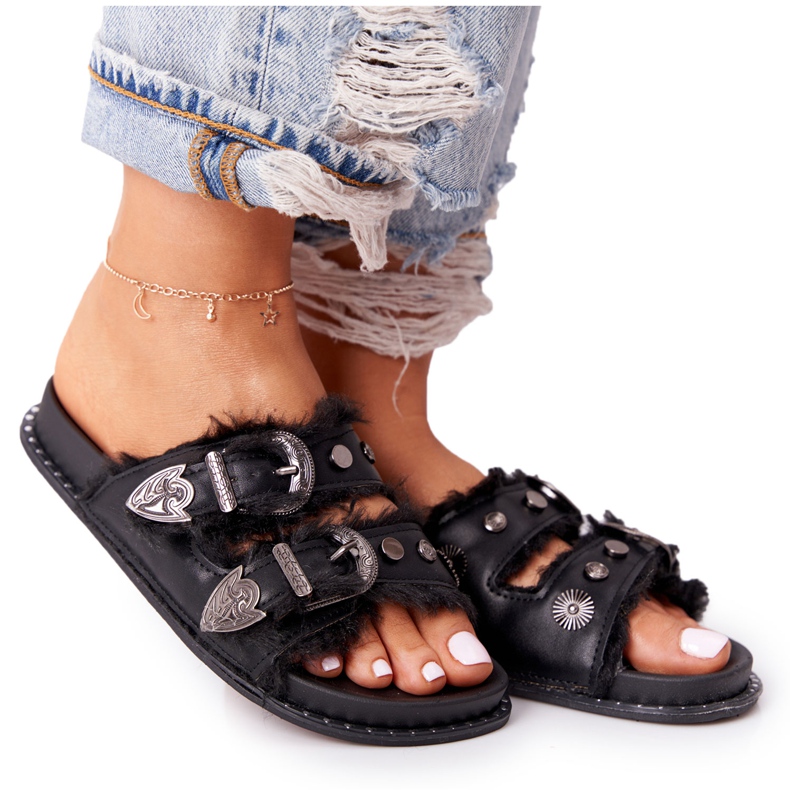 PS1 Papuče s kopčama i krznom Crna Lydia crno