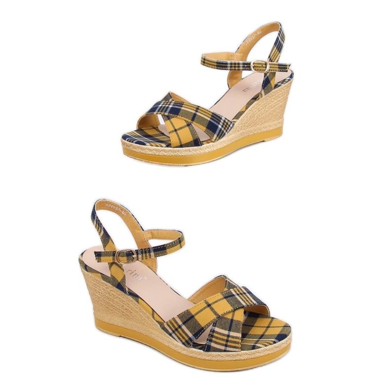 Žute karirane sandale na klin A89937 Žuta žuta boja