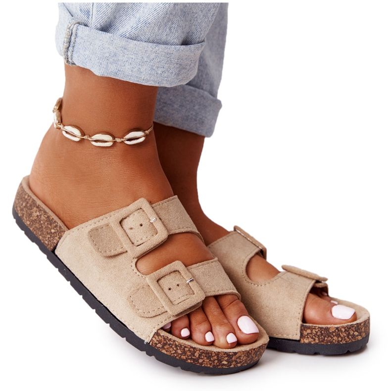 MSMG Jennifer Bež suede papuče na potplatu od pluta