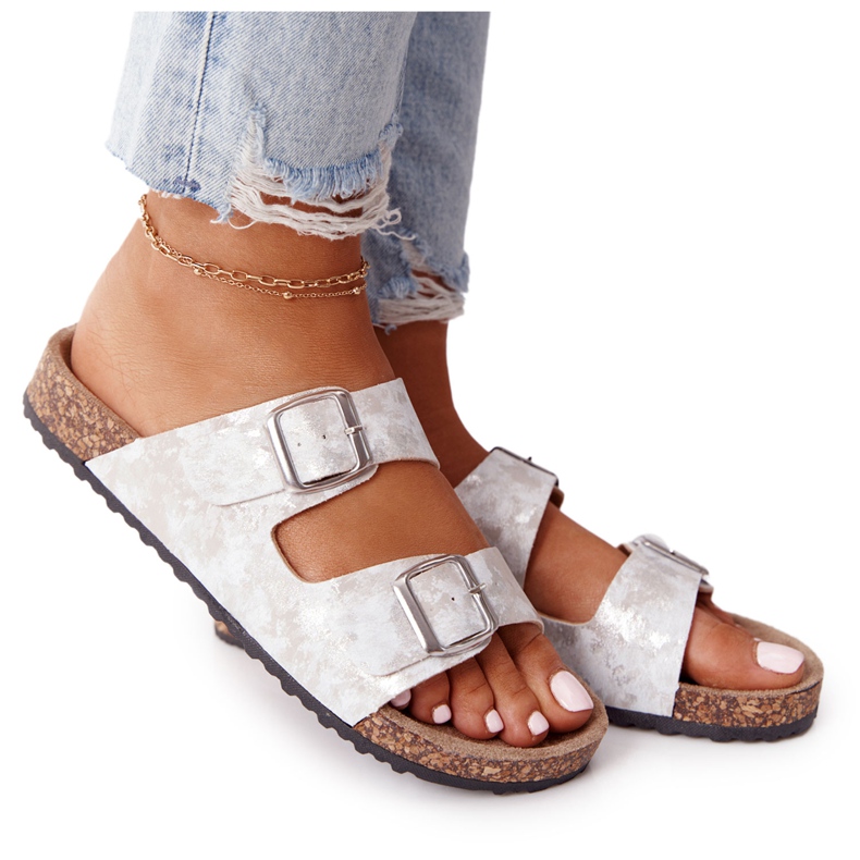 Ženske papuče sa kopčama srebrne boje Vivio srebro