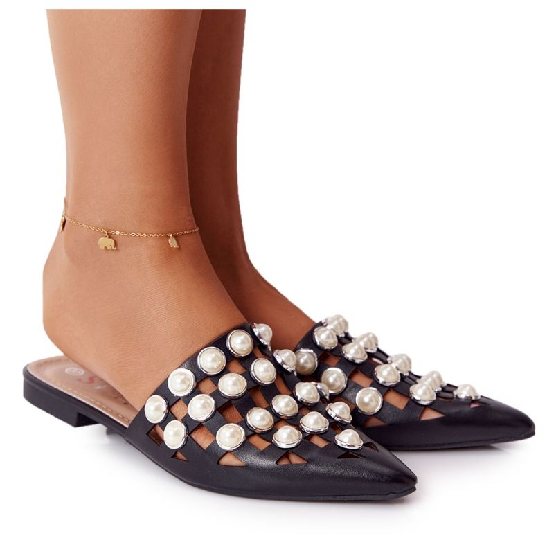 PS1 Crne papuče od valovitosti s gornjim dijelovima i biserima crno