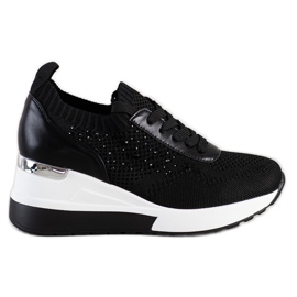 SHELOVET Tenisice na klin s kristalima crna