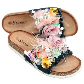 Plutene papuče s cvijećem BG61P Tamno plava mornarsko plava raznobojna