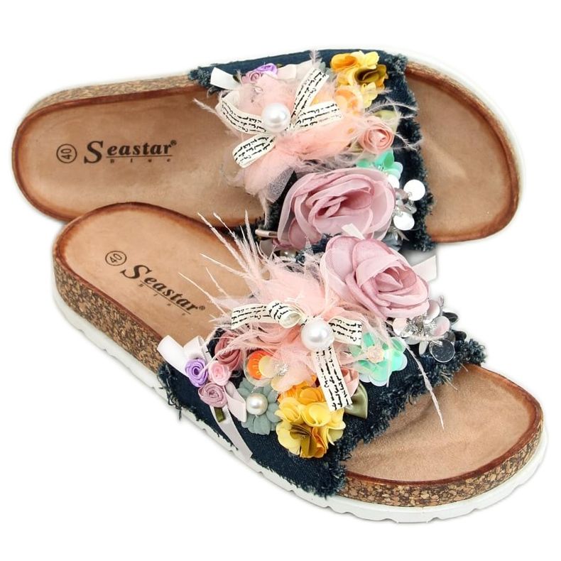 Plutene papuče s cvijećem BG61P Tamno plava mornarsko plava raznobojna