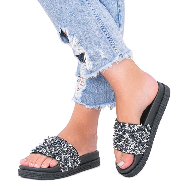 Crne papuče s kubnim cirkonijem Love Bling crno