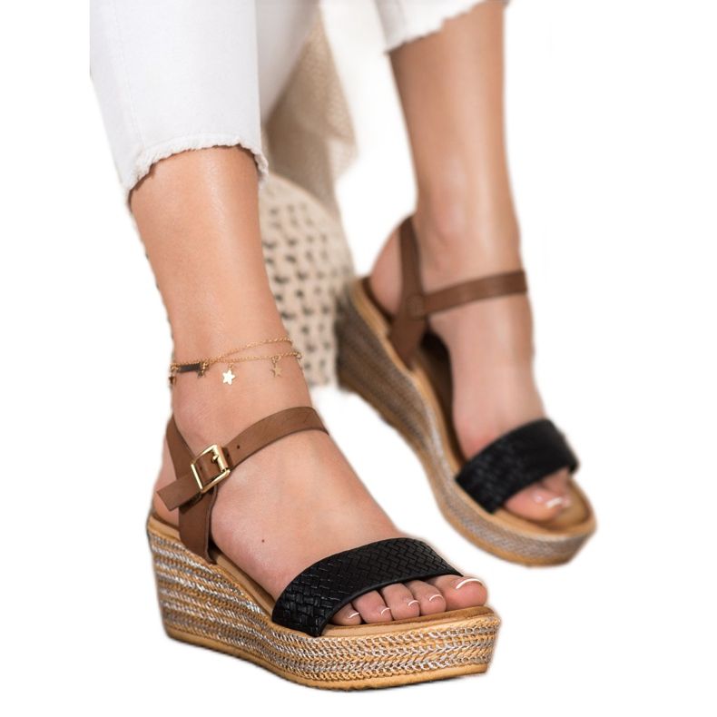 Bona Modne sandale na klin smeđa crno