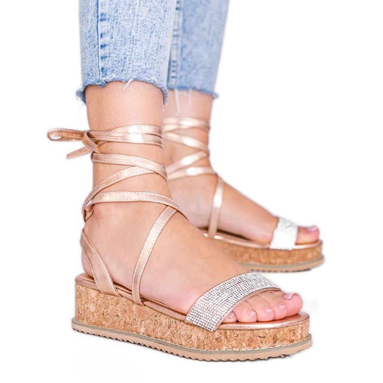 Ružičaste sandale vezane cirkonima Ves ružičasta zlatna