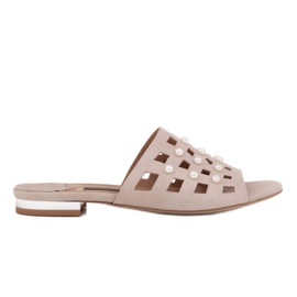 Marco Shoes Elegantne ženske papuče s biserima i perforacijom bež