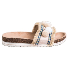 SHELOVET Modne papuče s pomponima bež