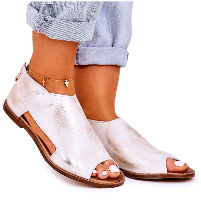 Nicole Ženske ravne kožne sandale Bijela Natalie zlatna