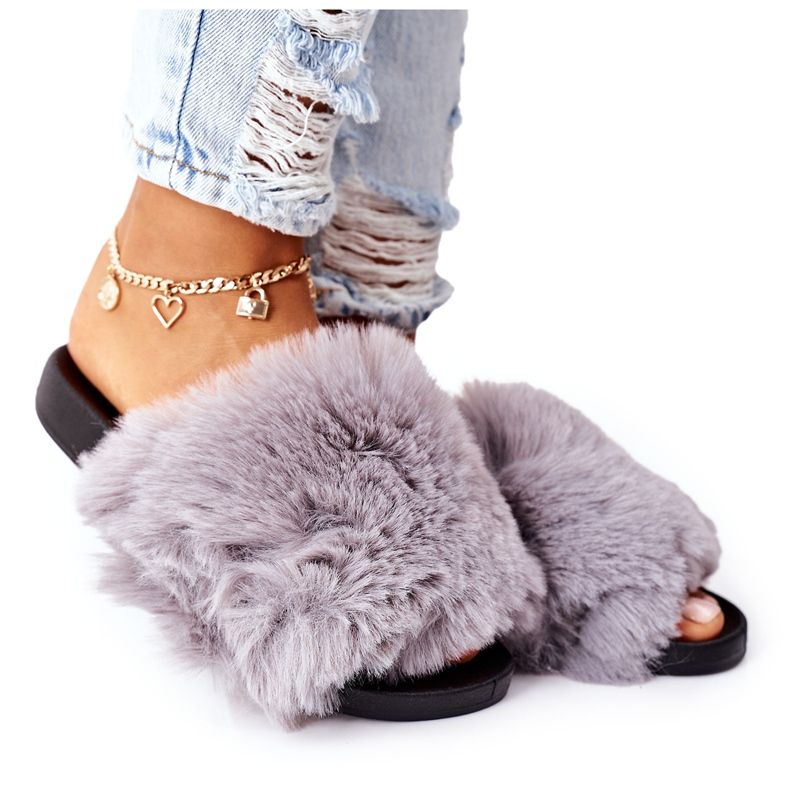 FJ1 Gumene papuče s krznom sivo mekane siva