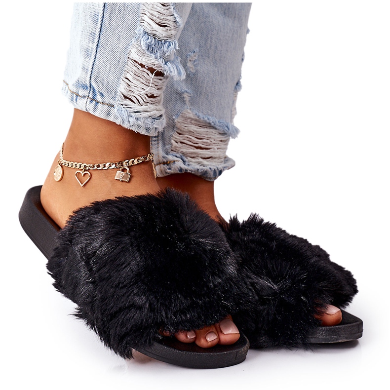 FJ1 Crne mekane gumene papuče s krznom crno