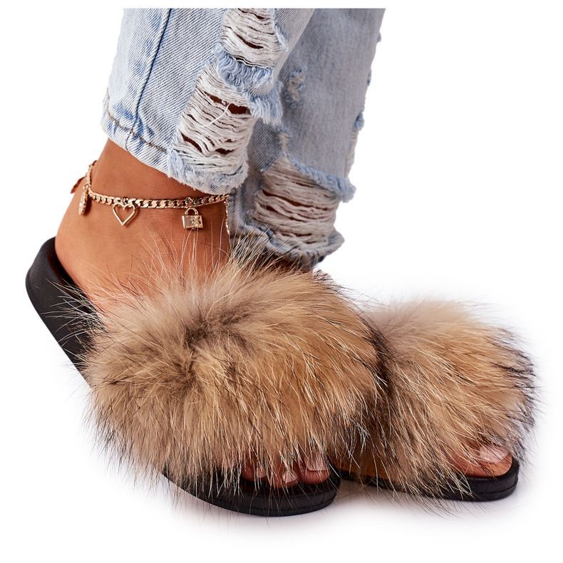 Papuče s prirodnim krznom Camel Elsa 747 smeđa