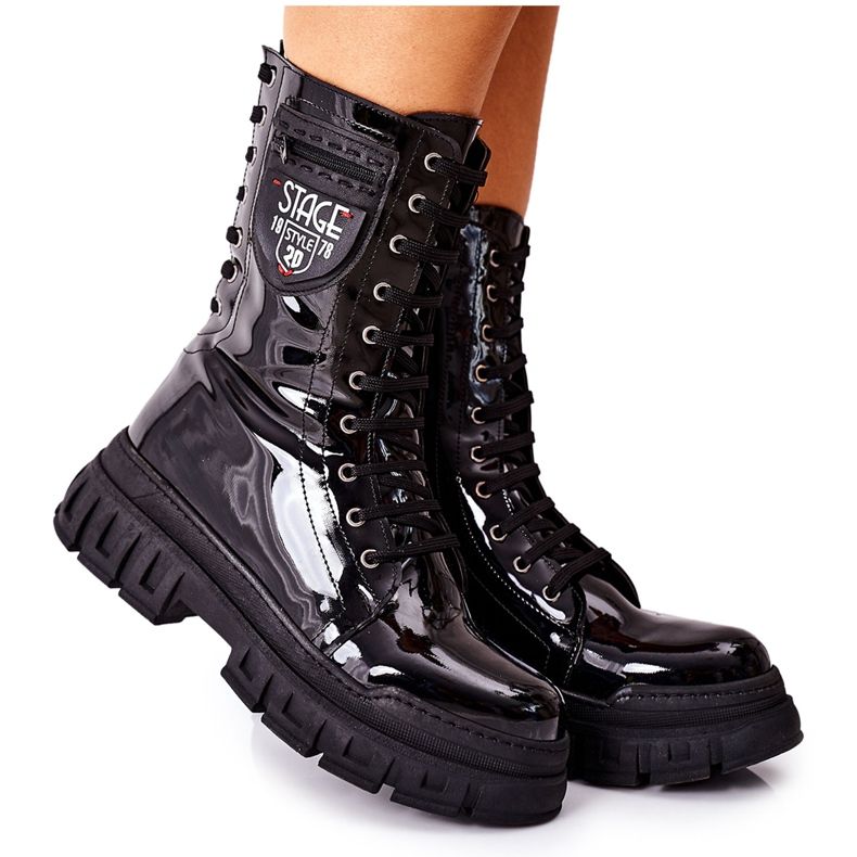 NAVY DOT Ženske čizme Trappers Lacquered Black Coriera crno