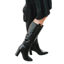 Crne čizme na stupu s uzorkom krokodila Mona crna