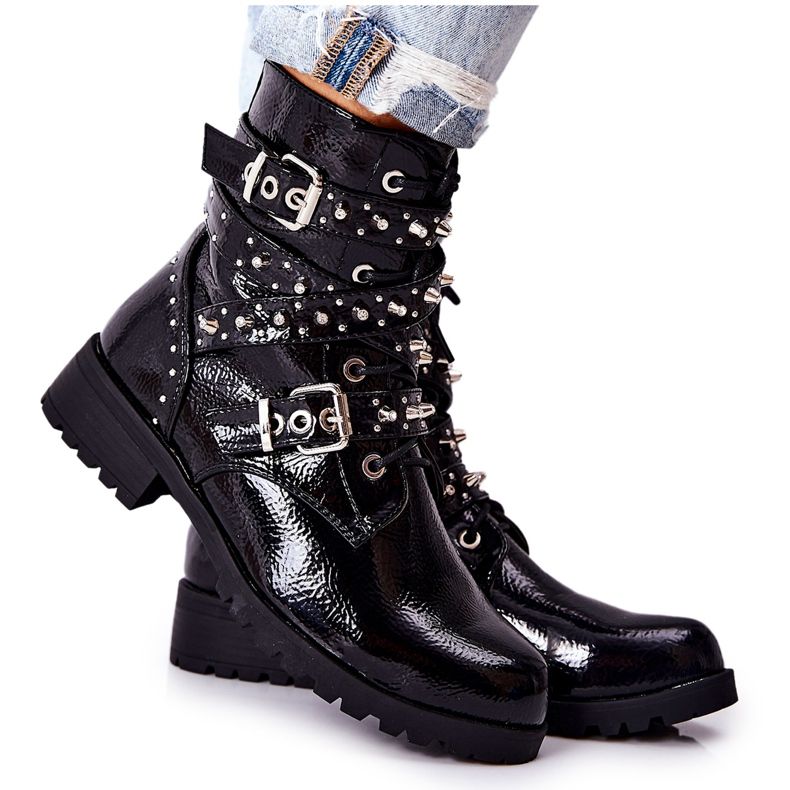 Kožne čizme s naramenicama Black Kepherine crno