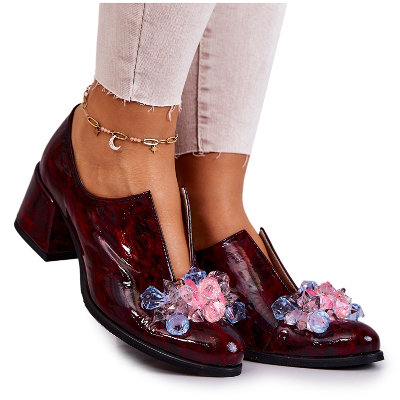 PA2 Elegantne kožne visoke pete s bordo dekoracijom Delaver crvena