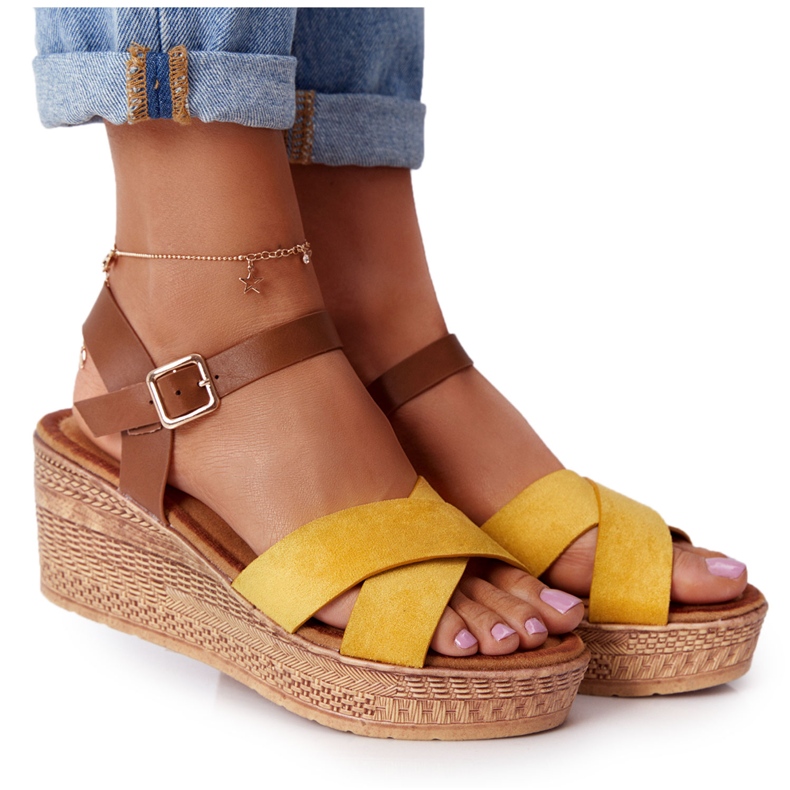 Žute sandale na klinu S.Barski GD-38 smeđa žuta boja