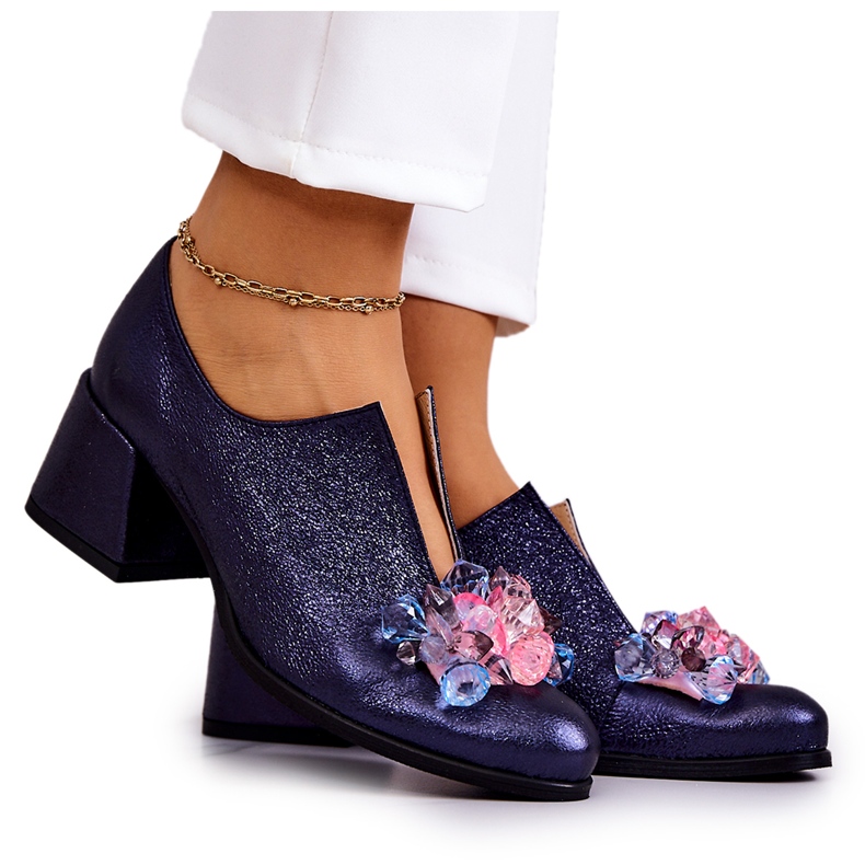 PA2 Kožne metalik cipele s tamnoplavim ornamentom Delaver mornarsko plava