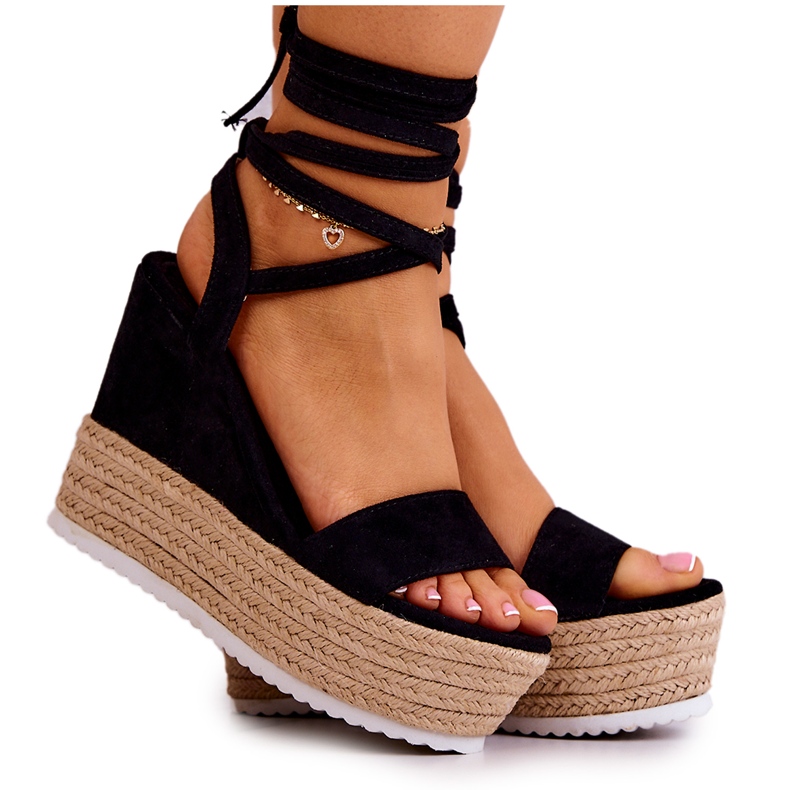 FW1 Lagane vezane sandale na klin crne Marriett crno