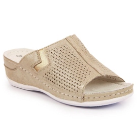 Kožne papuče na klin S. Barski W OLI163B zlatne zlatni