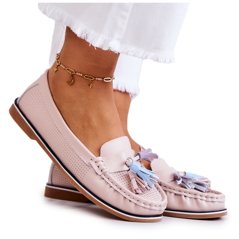 Evento Ženske kožne mokasinke s resama ružičasta Laressa