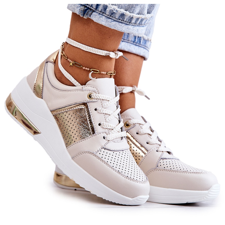 S.Barski Ženske kožne sportske cipele na klin bež i bijeli Larson bijela zlatna