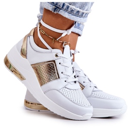 S.Barski Ženske kožne sportske cipele na klin bijeli Larson bijela zlatni