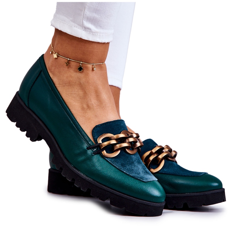 PA2 Elegantne kožne mokasinke sa zelenim ženevskim lancem zelena