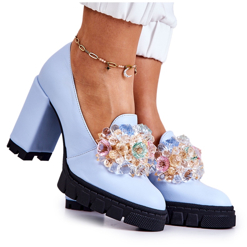 PA2 Elegantne pumpice s glatkim plavim ukrasom Caterine plava