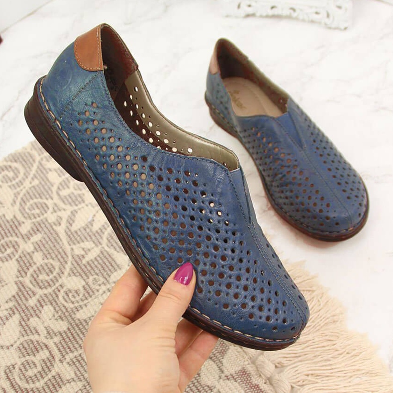 Ženske cipele od ažurne kože plave Rieker 48457 plava