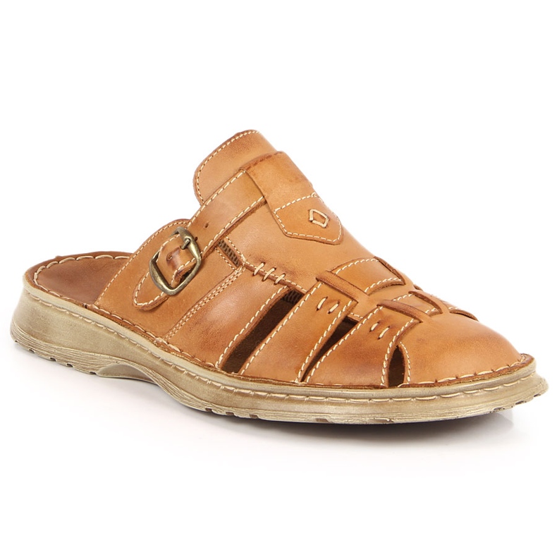 Udobne smeđe kožne muške papuče Łukbut 962 smeđa