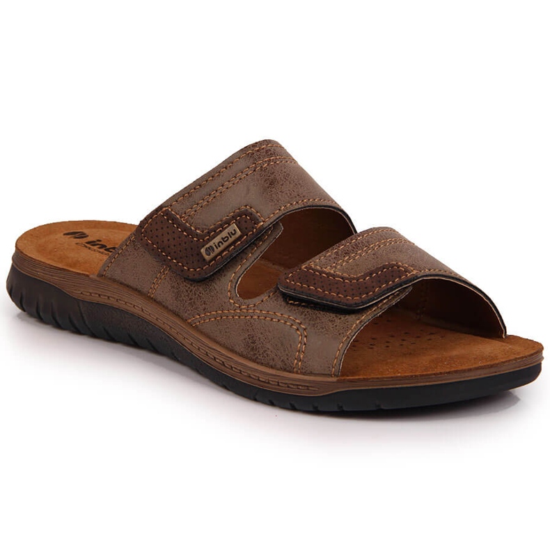 Udobne smeđe Inblu muške papuče s čičak trakom smeđa