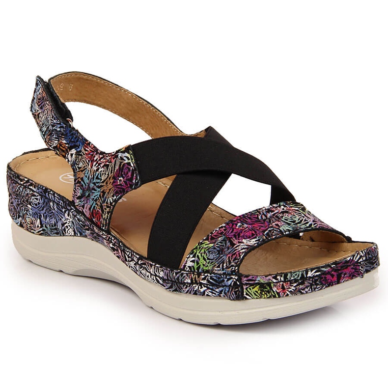 Ženske kožne sandale na udobnim gumenim Helios 100 crno raznobojna