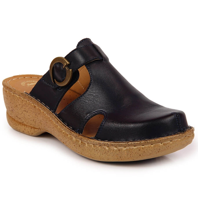 Kožne papuče na klin plavi Łukbut 666 mornarsko plava