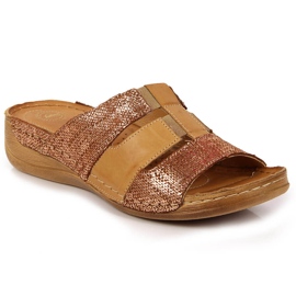 Kožne bež i zlatne papuče s elastičnim trakama Łukbut 1103 zlatni