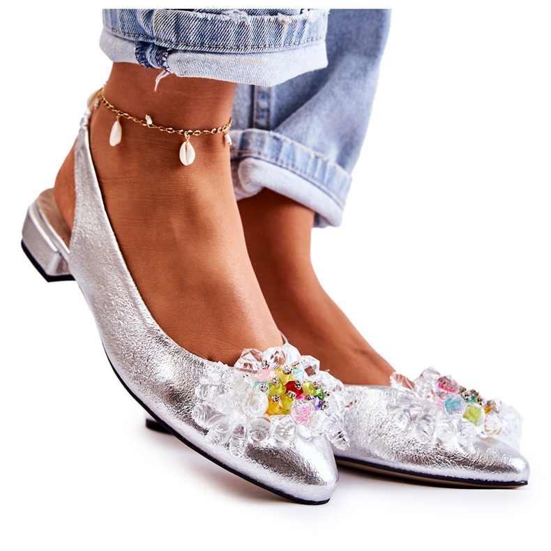 PA2 Kožne balerinke na štiklama sa srebrnim Elena ukrasom srebro