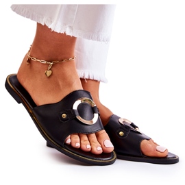 Vinceza Kožne ženske papuče s crnim Marinell ukrasom crna