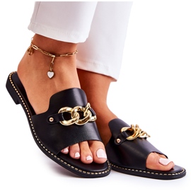 S.Barski Modne crne finess papuče s lančićem na ravnoj peti crna