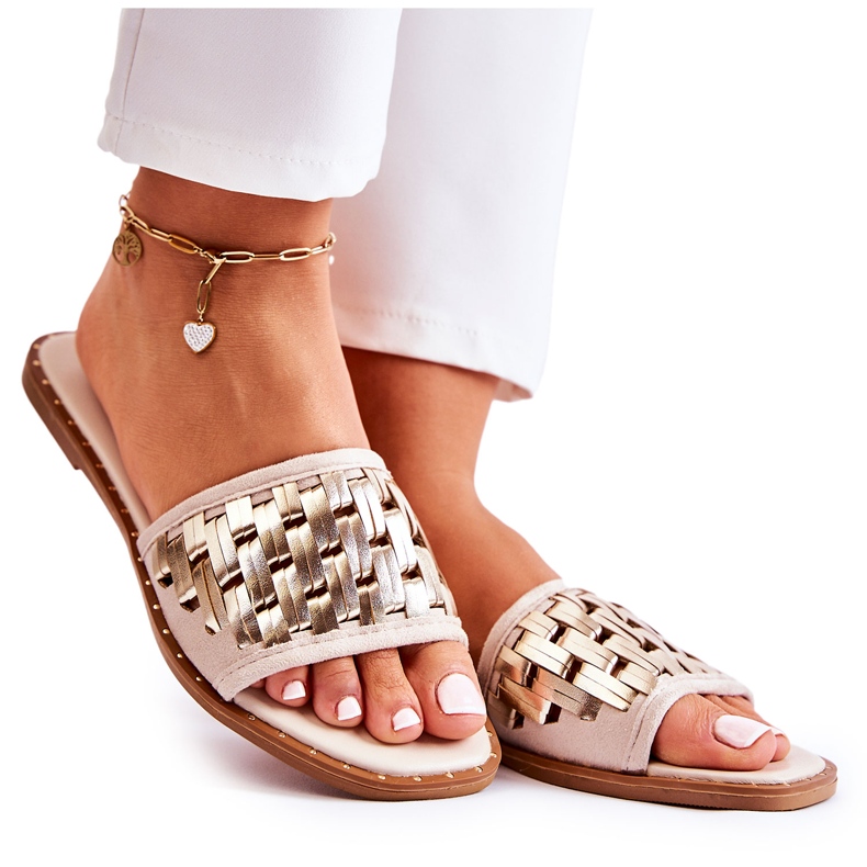 S.Barski Ženske kožne papuče na ravnu petu bež Hollis