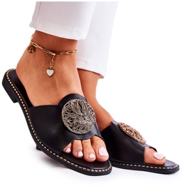 S.Barski Ženske kožne papuče s crnim ornamentom Colene crna