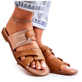 Udobne kožne ženske papuče Maciejka 05549-29 Brown smeđa zlatni