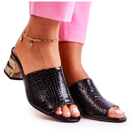 PA2 Kožne ženske papuče na petu Black Perry crna zlatni