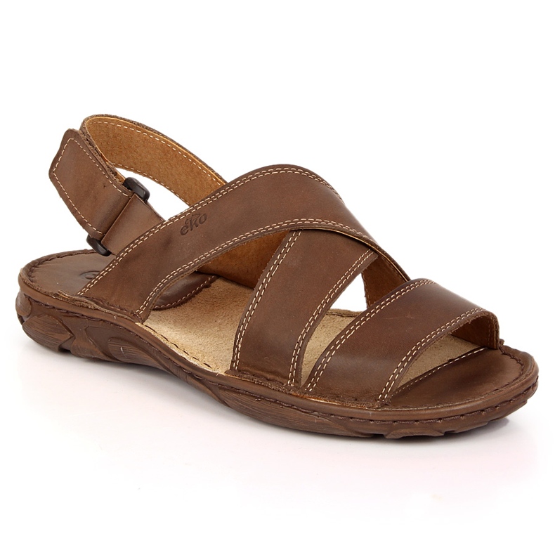 EKO Smeđe kožne muške sandale s čičak ECO smeđa