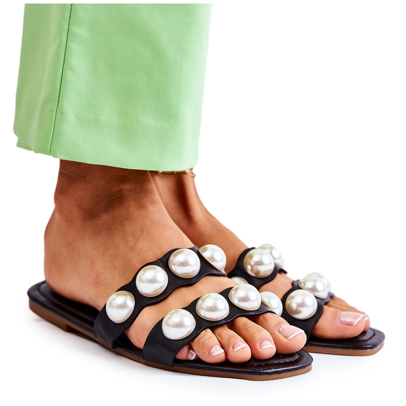 PG1 Ženske kožne papuče s ukrasnim perlama crni Lasello crno