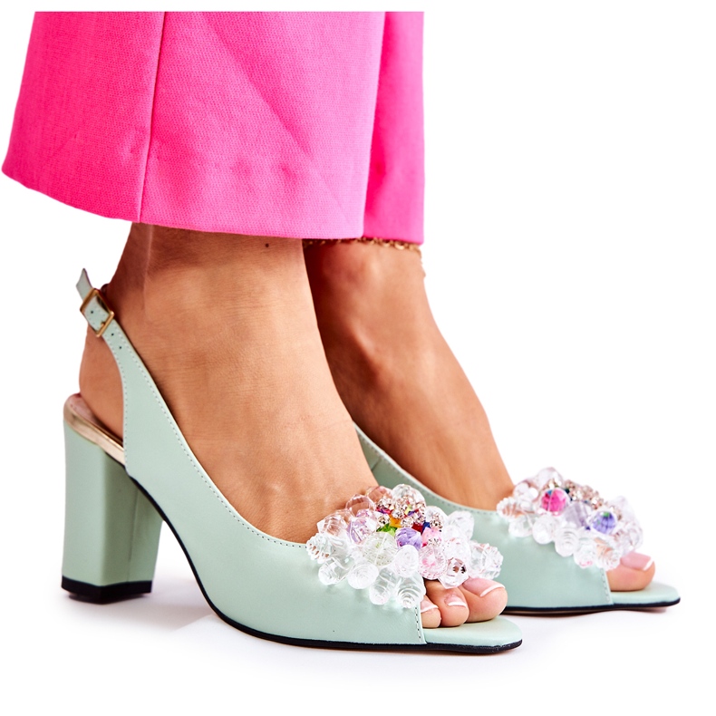 PA2 Modne kožne sandale na pumpicu sa zelenim Meriss ukrasom zelena