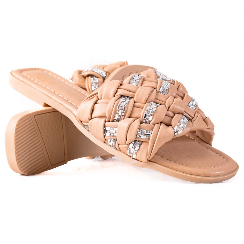 SHELOVET Pletene papuče s kristalima bež srebro