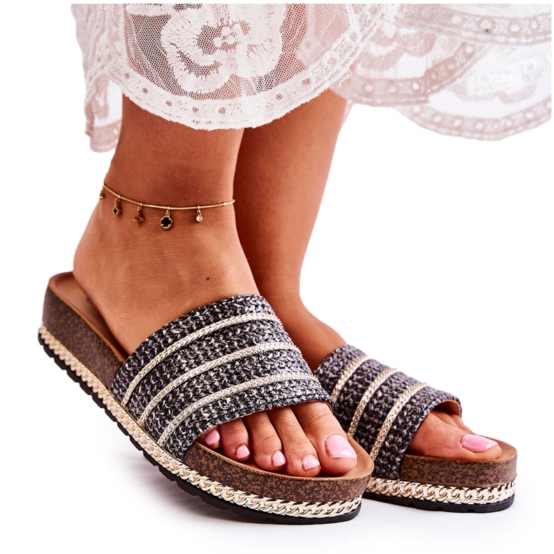 S.Barski Ženske klasične papuče s lancem Black Maddy crno